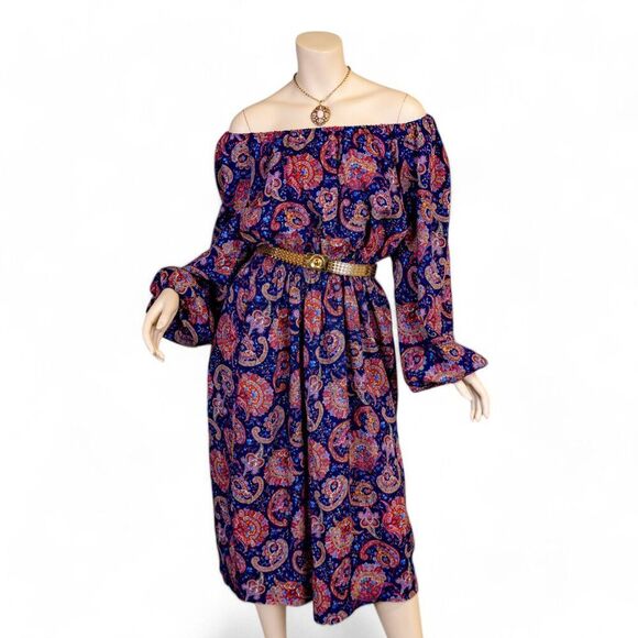 Vintage 70s Boho Paisley Print Off-the-Shoulder Midi Dress - Picture 1 of 14